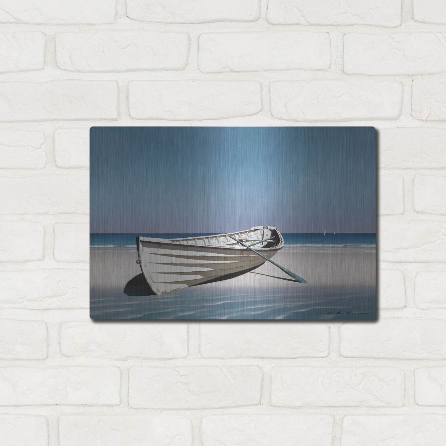 Luxe Metal Art 'White Boat On Beach' by Zhen-Huan Lu, Metal Wall Art,16x12