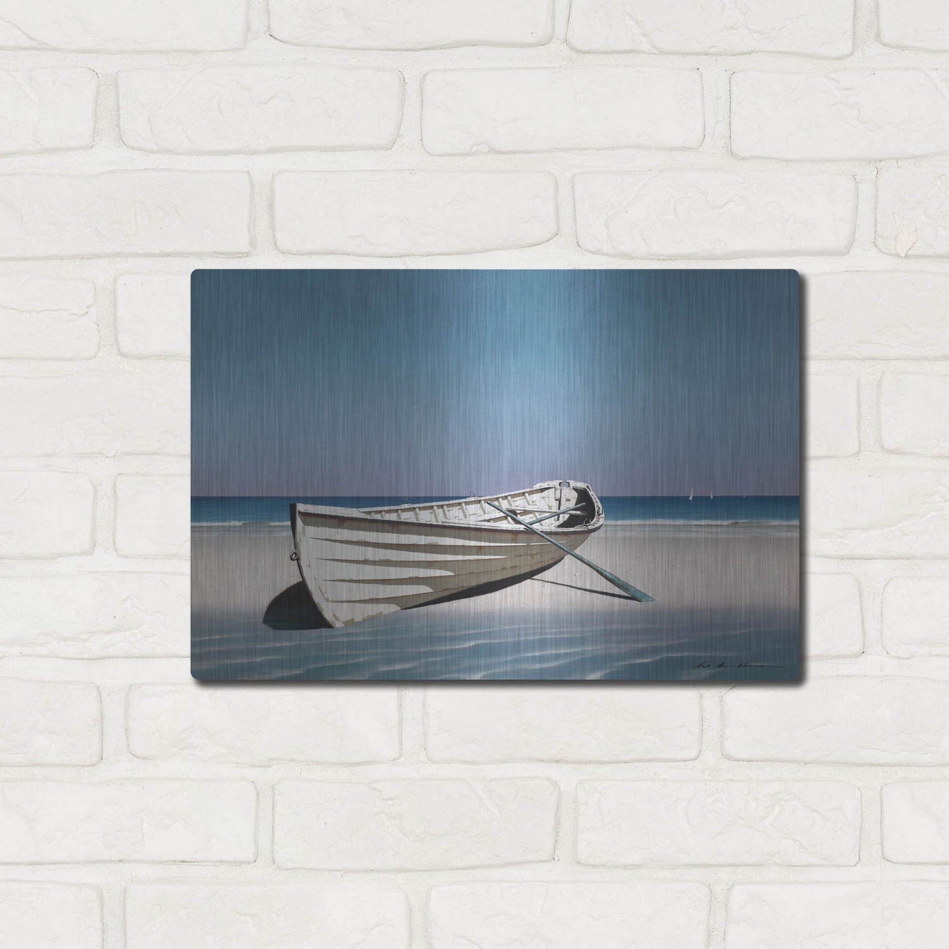 Luxe Metal Art 'White Boat On Beach' by Zhen-Huan Lu, Metal Wall Art,16x12