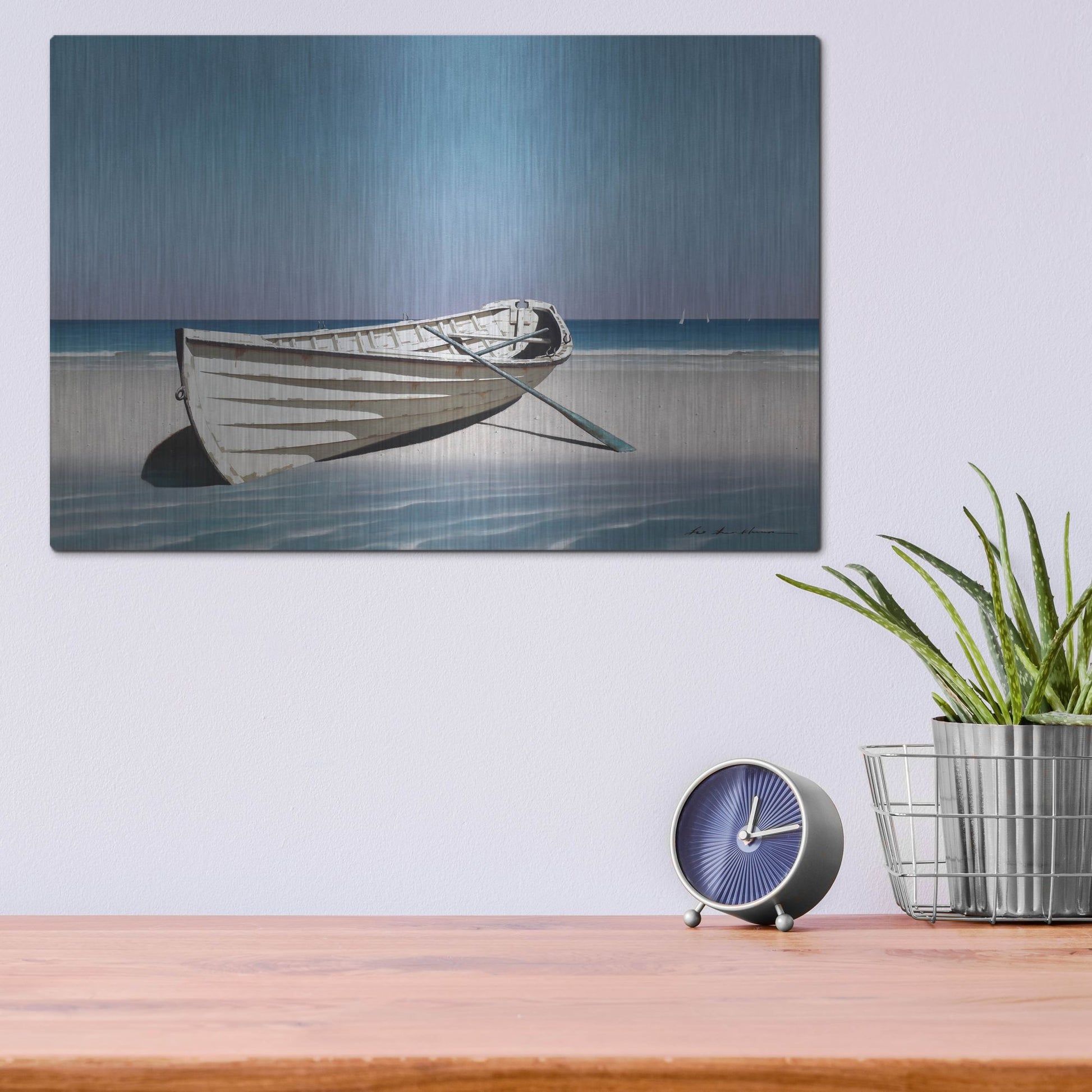 Luxe Metal Art 'White Boat On Beach' by Zhen-Huan Lu, Metal Wall Art,16x12