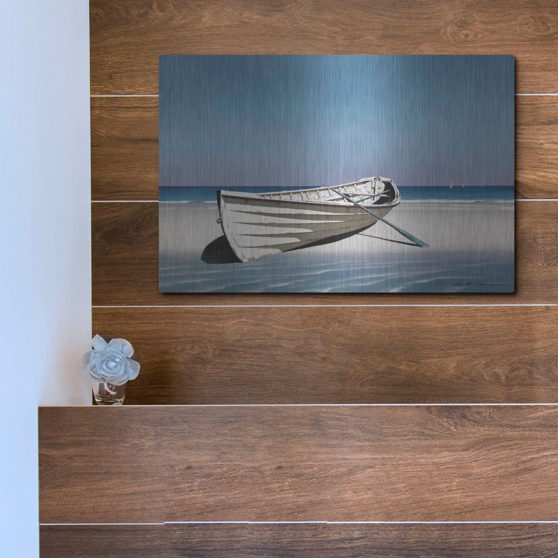 Luxe Metal Art 'White Boat On Beach' by Zhen-Huan Lu, Metal Wall Art,16x12
