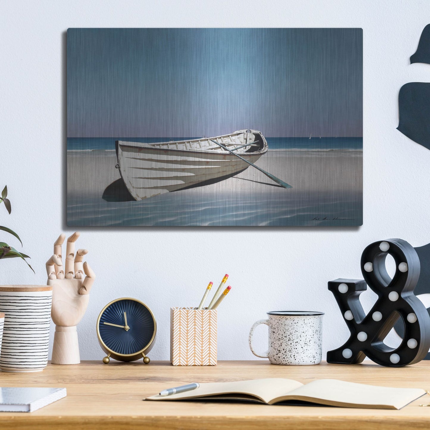 Luxe Metal Art 'White Boat On Beach' by Zhen-Huan Lu, Metal Wall Art,16x12