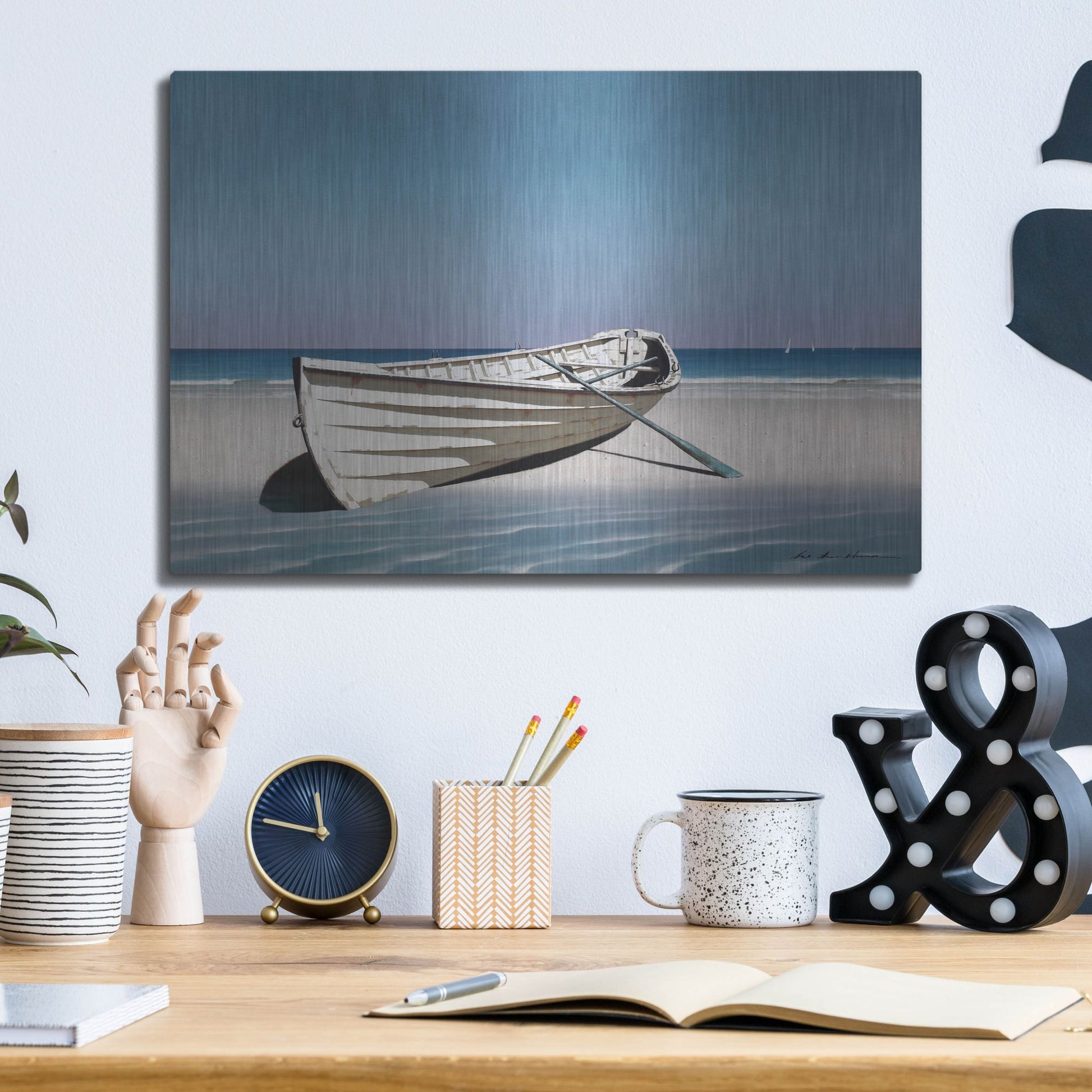 Luxe Metal Art 'White Boat On Beach' by Zhen-Huan Lu, Metal Wall Art,16x12