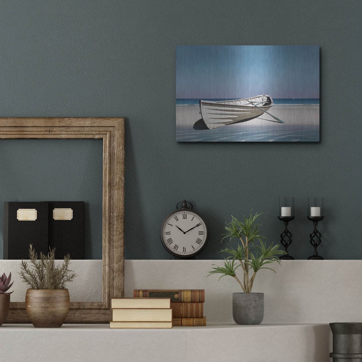 Luxe Metal Art 'White Boat On Beach' by Zhen-Huan Lu, Metal Wall Art,16x12