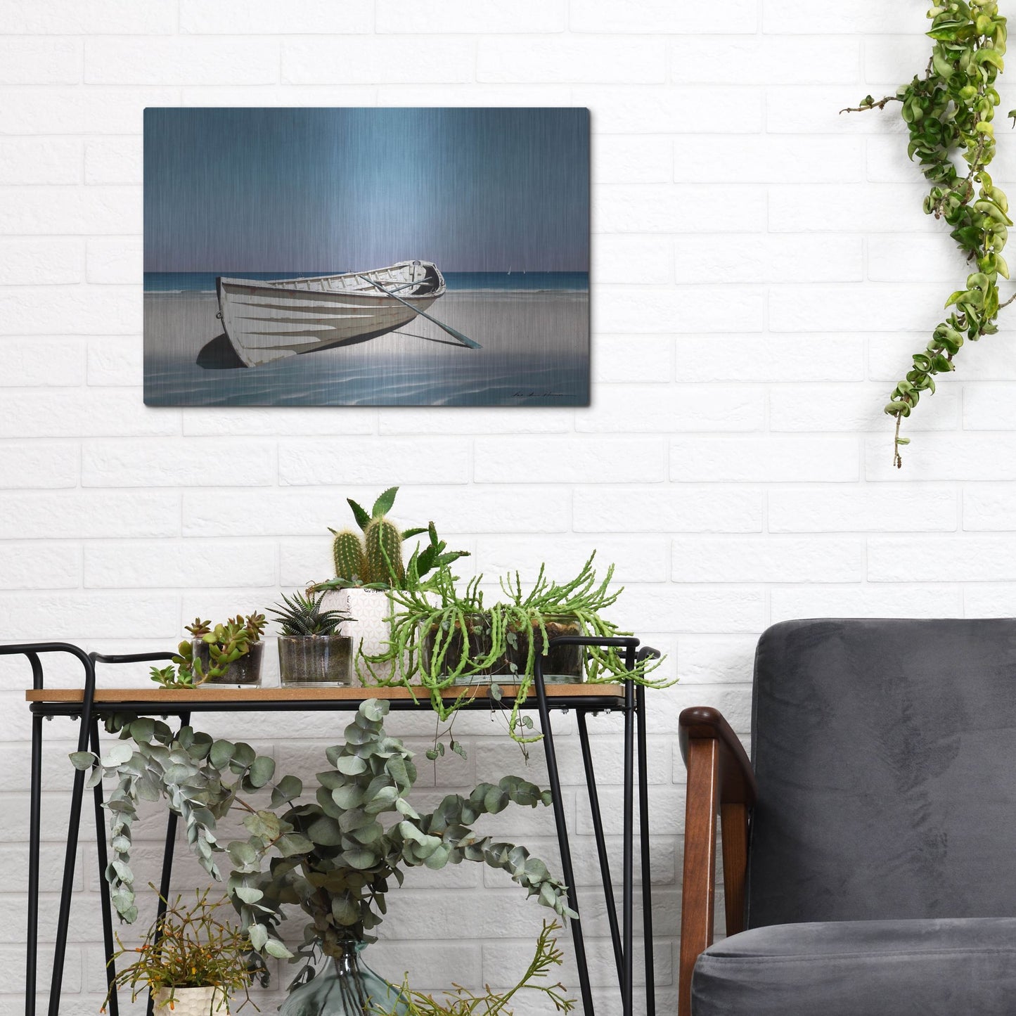 Luxe Metal Art 'White Boat On Beach' by Zhen-Huan Lu, Metal Wall Art,16x12