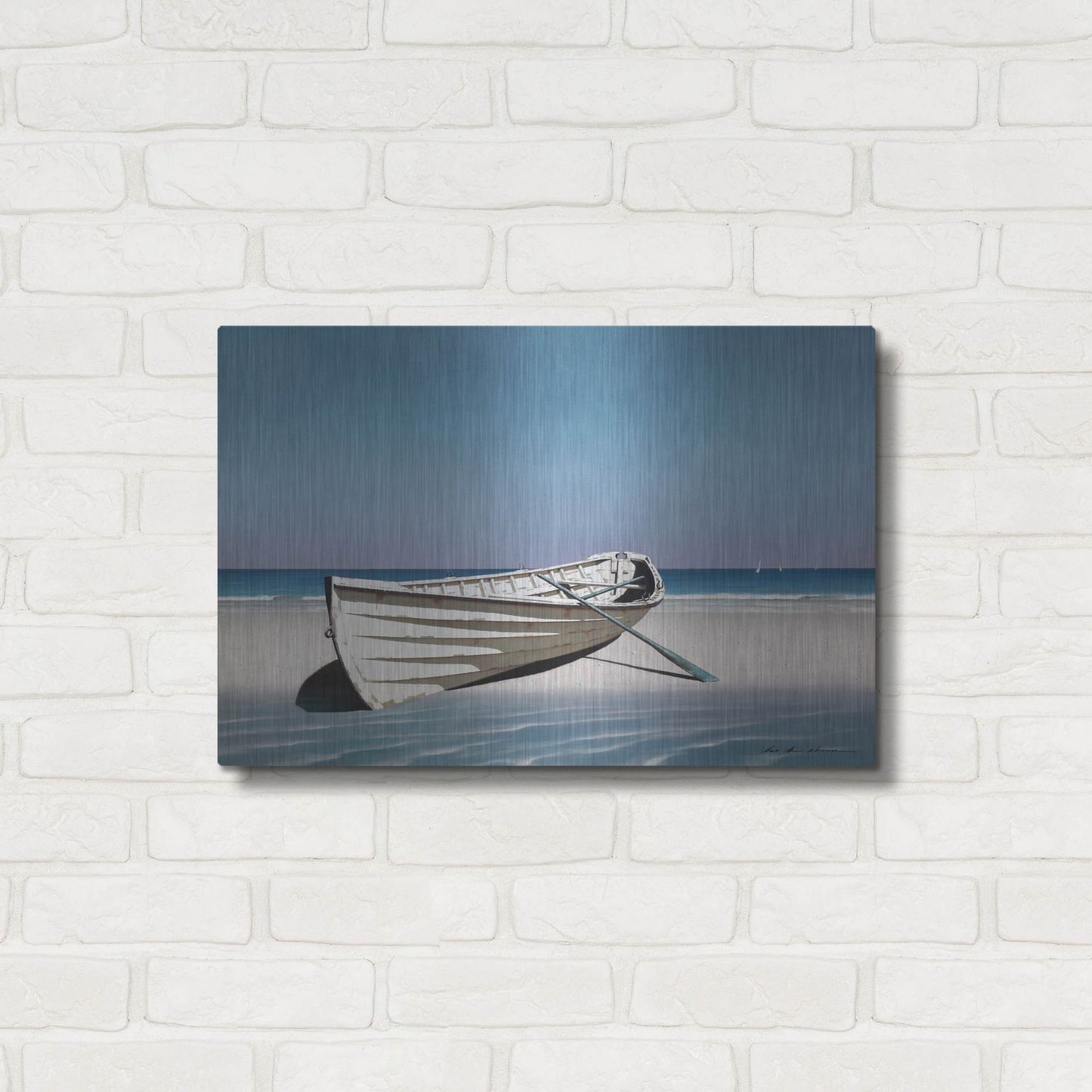 Luxe Metal Art 'White Boat On Beach' by Zhen-Huan Lu, Metal Wall Art,24x16