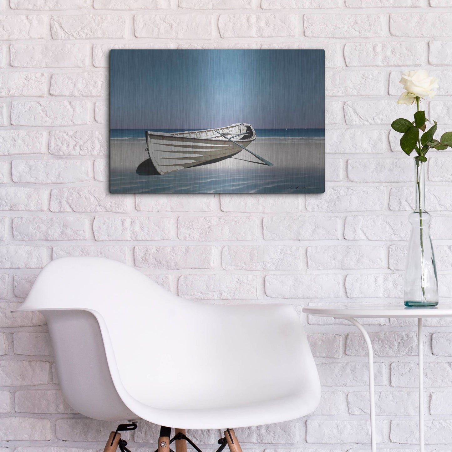 Luxe Metal Art 'White Boat On Beach' by Zhen-Huan Lu, Metal Wall Art,24x16