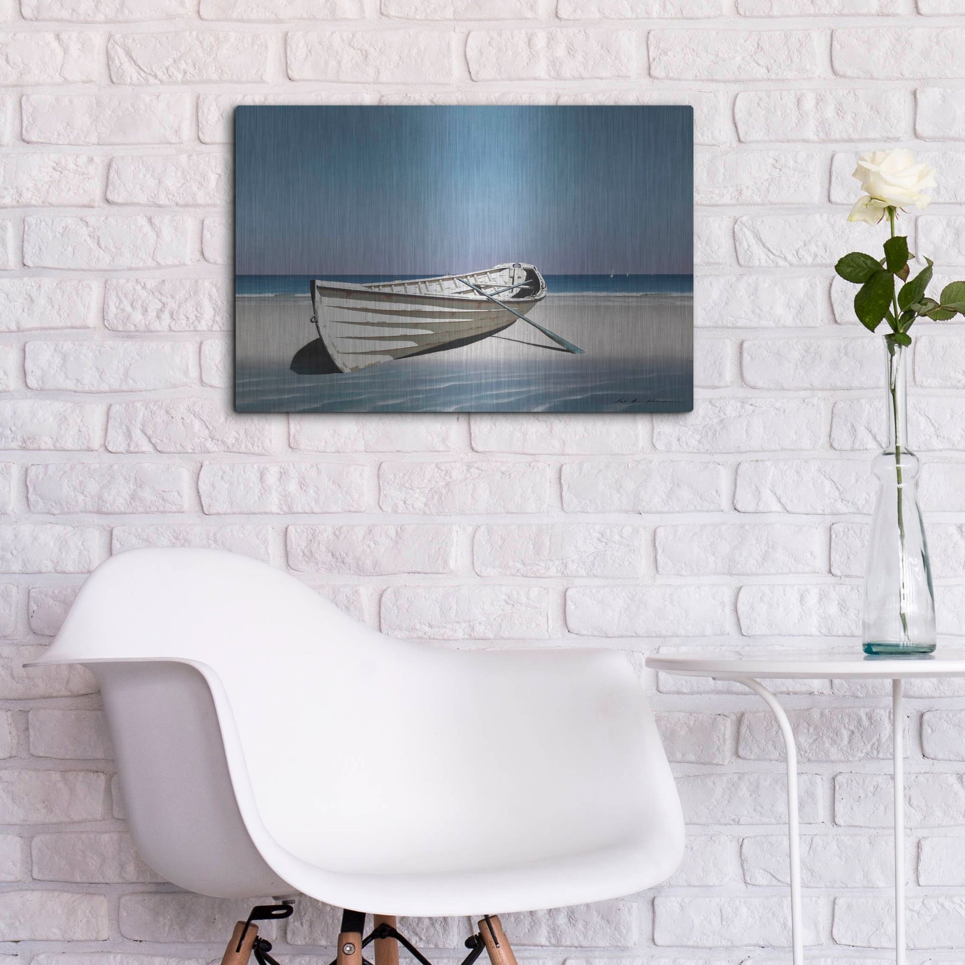 Luxe Metal Art 'White Boat On Beach' by Zhen-Huan Lu, Metal Wall Art,24x16