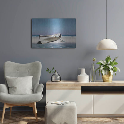 Luxe Metal Art 'White Boat On Beach' by Zhen-Huan Lu, Metal Wall Art,24x16