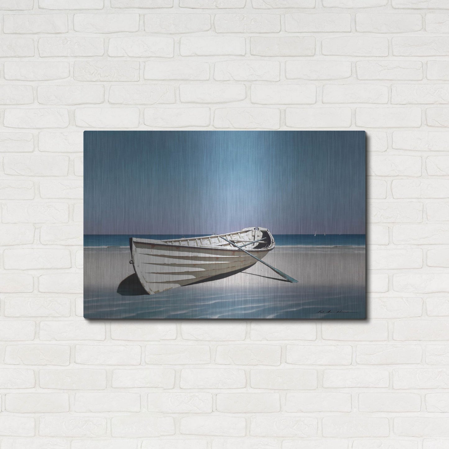 Luxe Metal Art 'White Boat On Beach' by Zhen-Huan Lu, Metal Wall Art,36x24