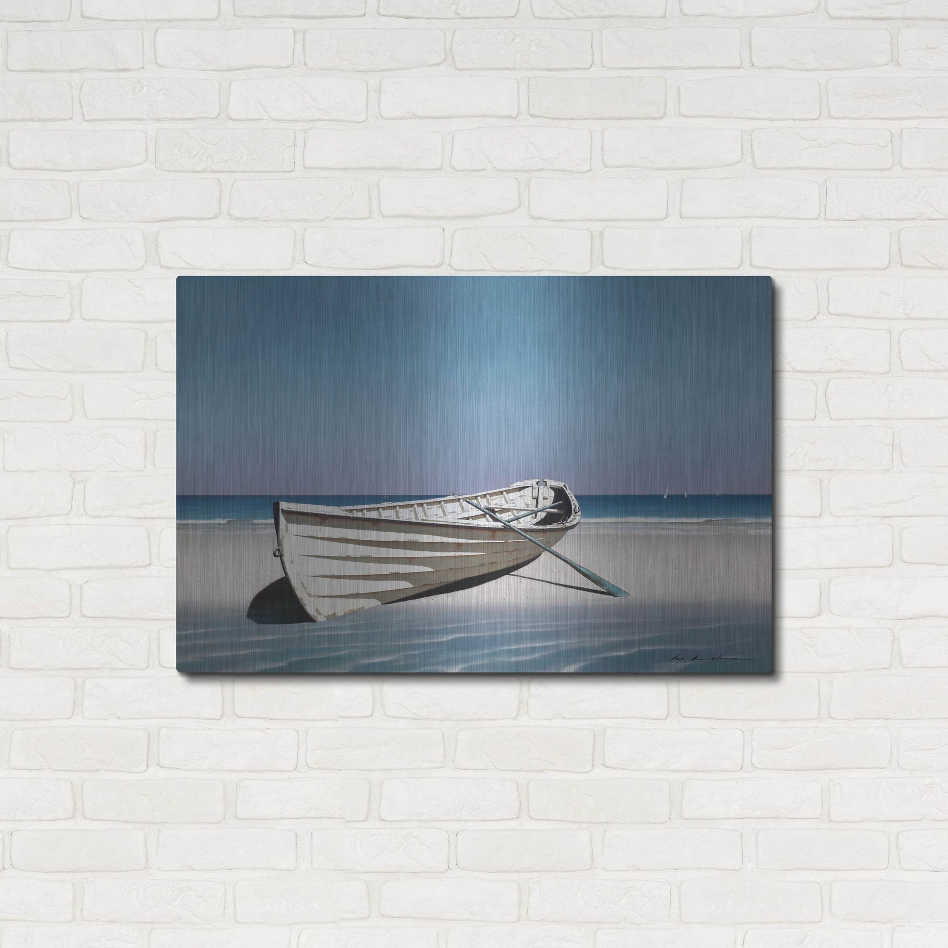Luxe Metal Art 'White Boat On Beach' by Zhen-Huan Lu, Metal Wall Art,36x24