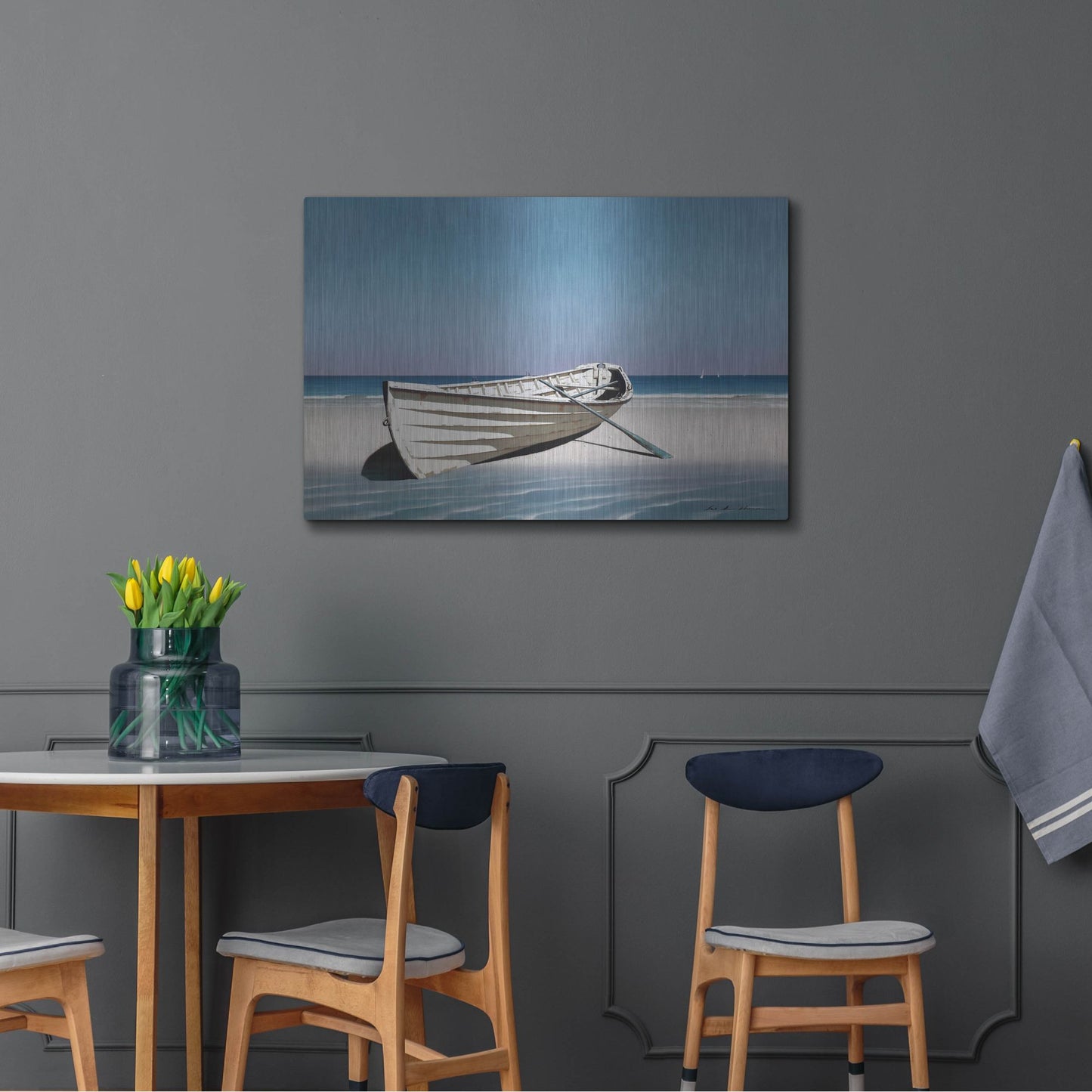 Luxe Metal Art 'White Boat On Beach' by Zhen-Huan Lu, Metal Wall Art,36x24