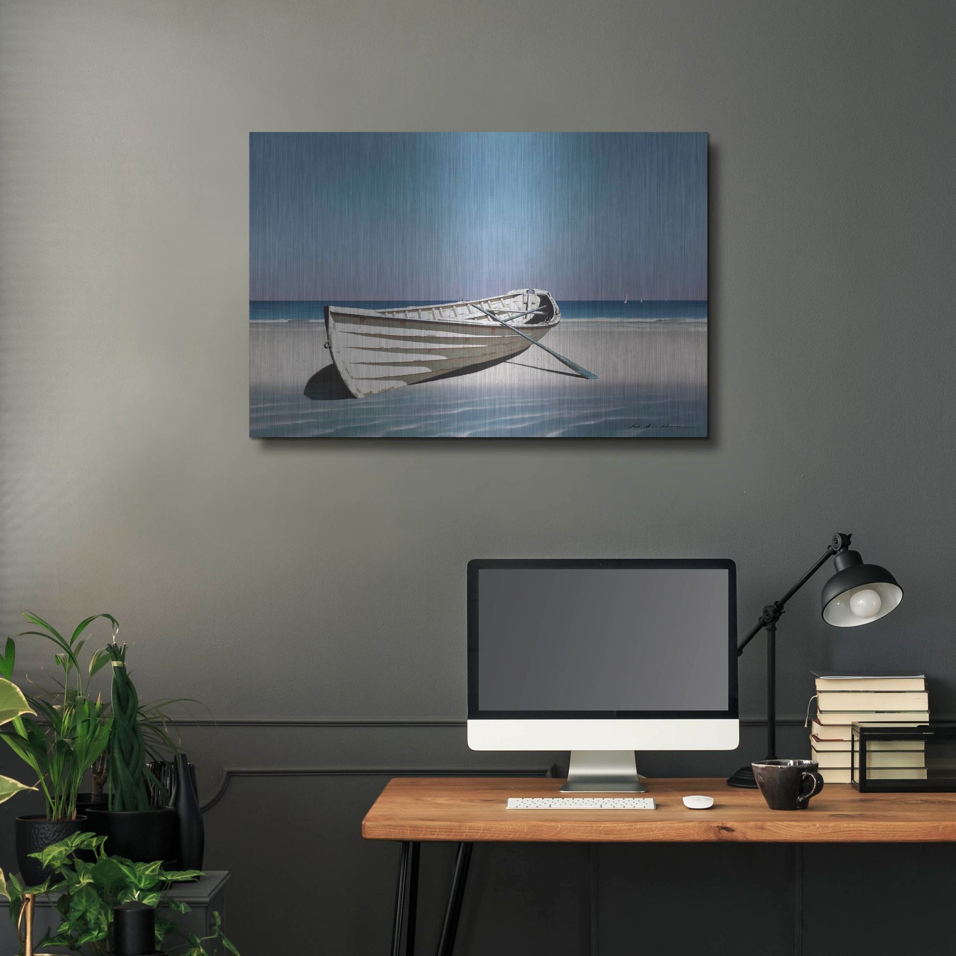 Luxe Metal Art 'White Boat On Beach' by Zhen-Huan Lu, Metal Wall Art,36x24