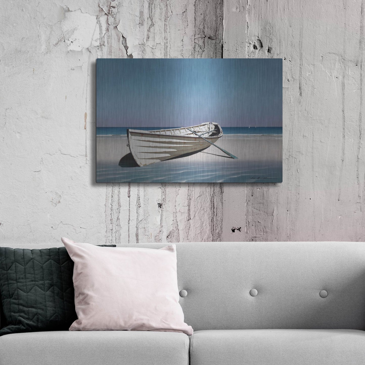 Luxe Metal Art 'White Boat On Beach' by Zhen-Huan Lu, Metal Wall Art,36x24