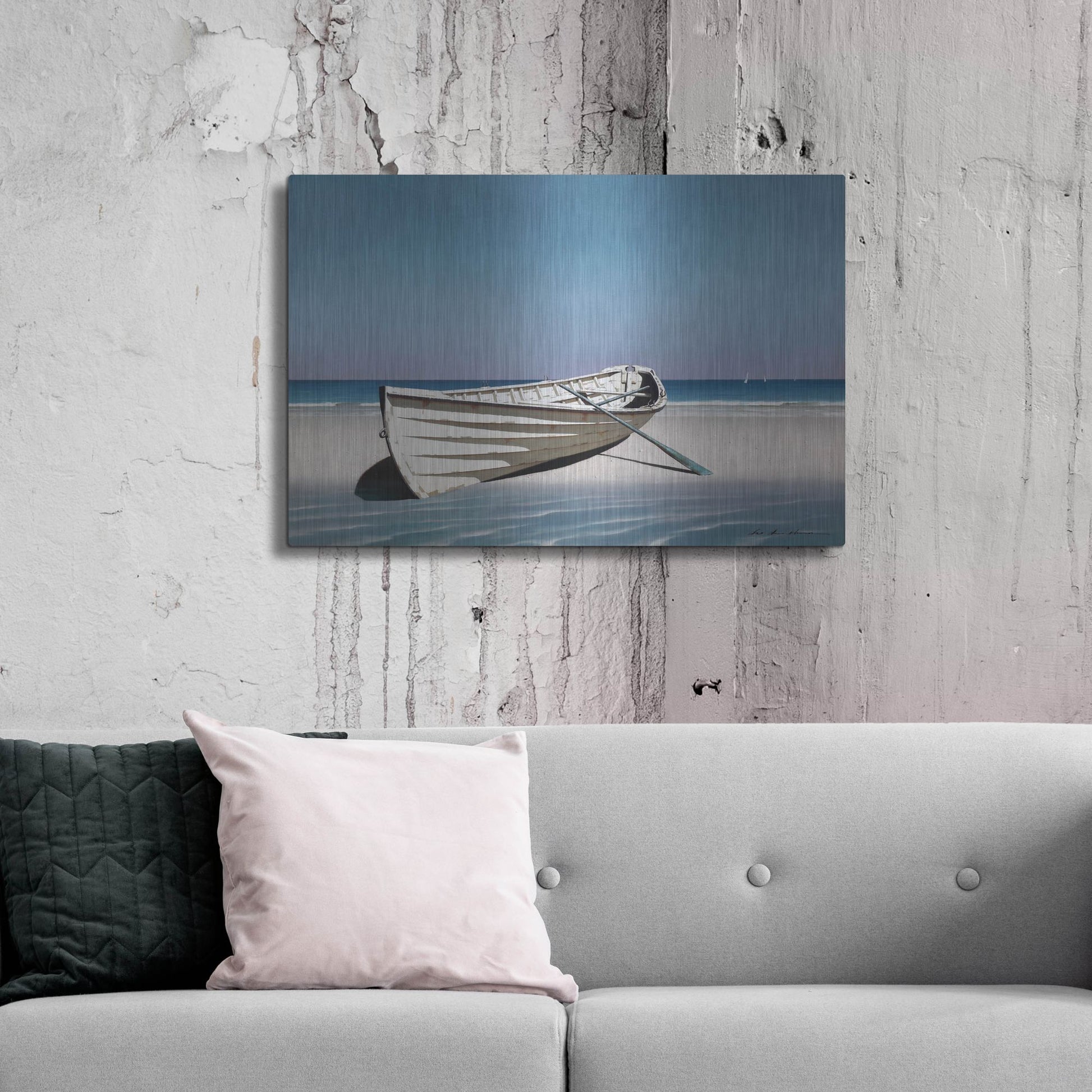 Luxe Metal Art 'White Boat On Beach' by Zhen-Huan Lu, Metal Wall Art,36x24