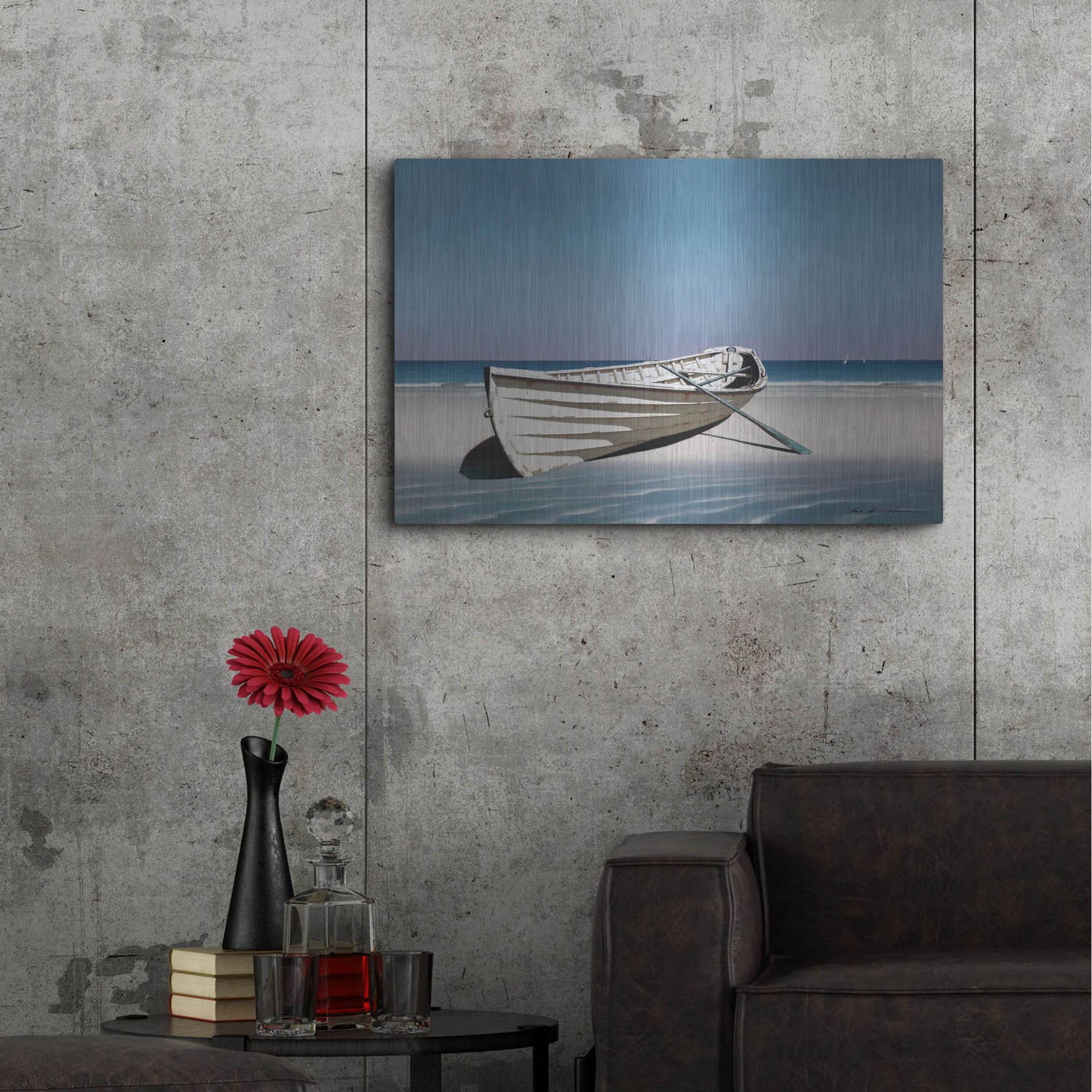 Luxe Metal Art 'White Boat On Beach' by Zhen-Huan Lu, Metal Wall Art,36x24