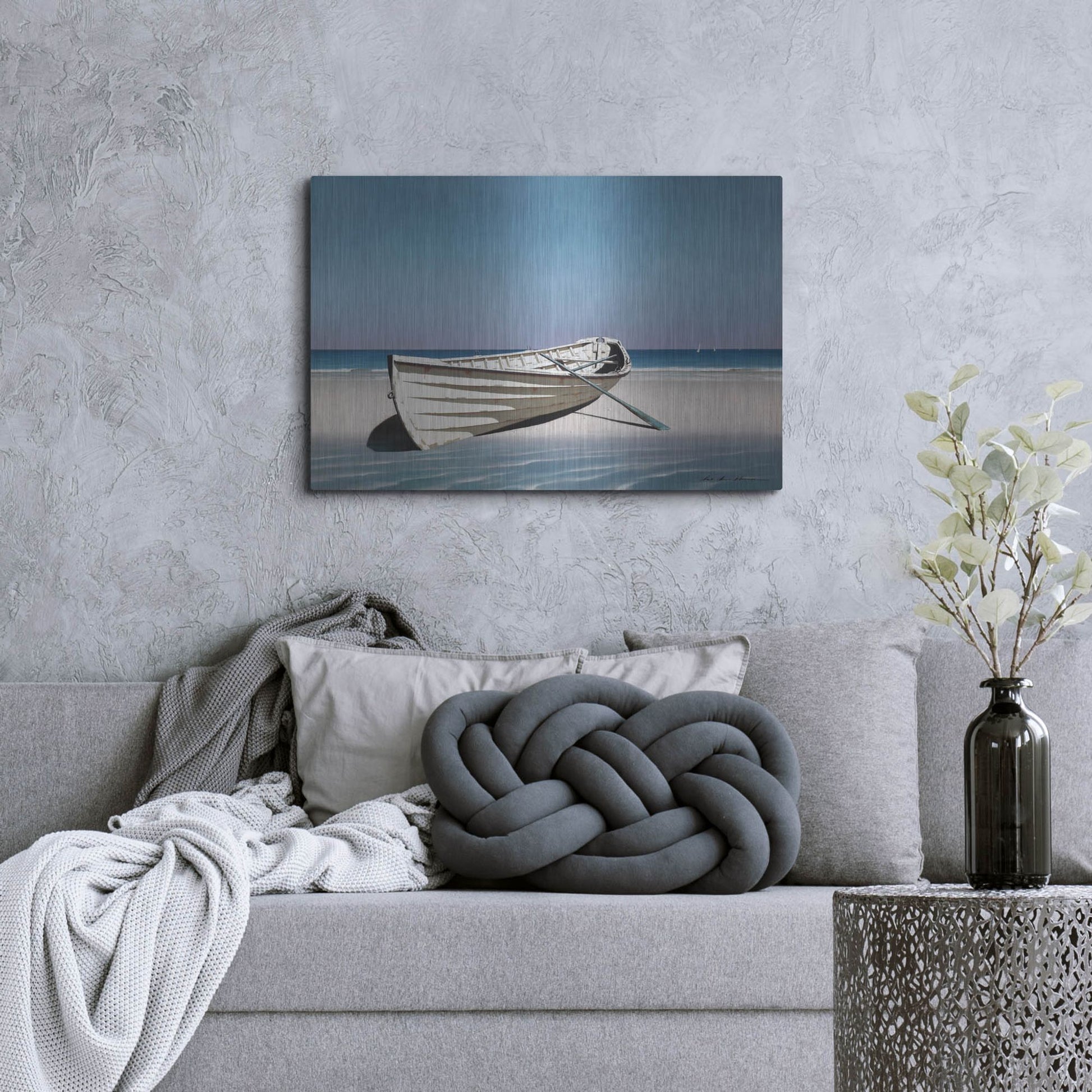 Luxe Metal Art 'White Boat On Beach' by Zhen-Huan Lu, Metal Wall Art,36x24