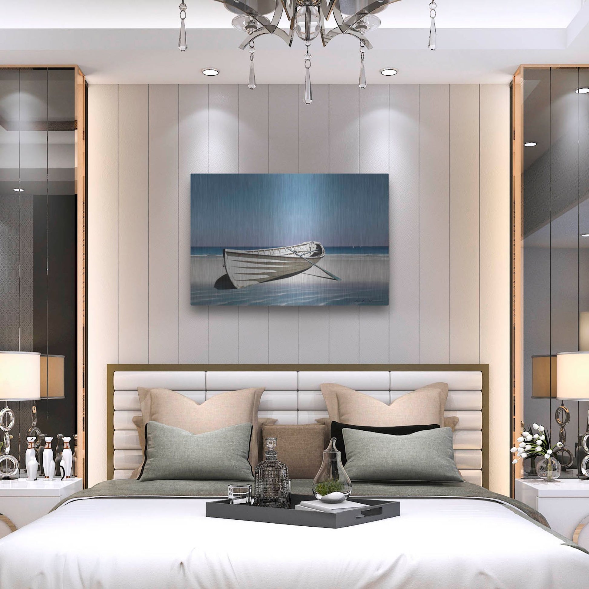 Luxe Metal Art 'White Boat On Beach' by Zhen-Huan Lu, Metal Wall Art,36x24