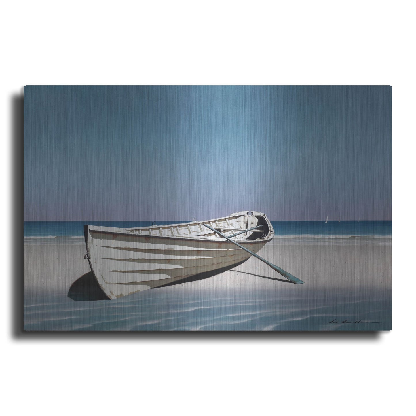 Luxe Metal Art 'White Boat On Beach' by Zhen-Huan Lu, Metal Wall Art
