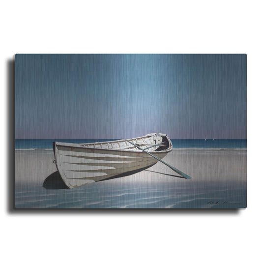 Luxe Metal Art 'White Boat On Beach' by Zhen-Huan Lu, Metal Wall Art
