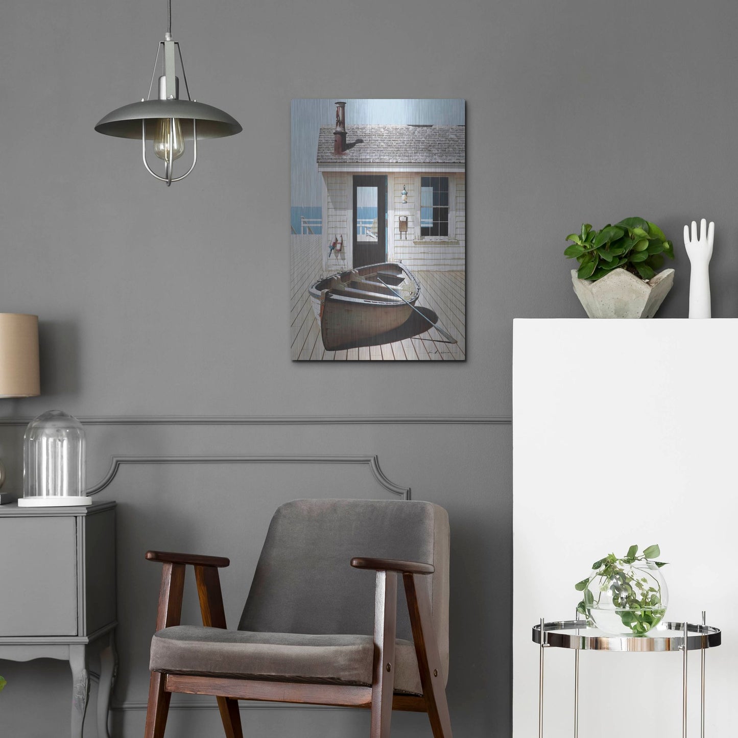 Luxe Metal Art 'Boat on the Dock' by Zhen-Huan Lu, Metal Wall Art,16x24