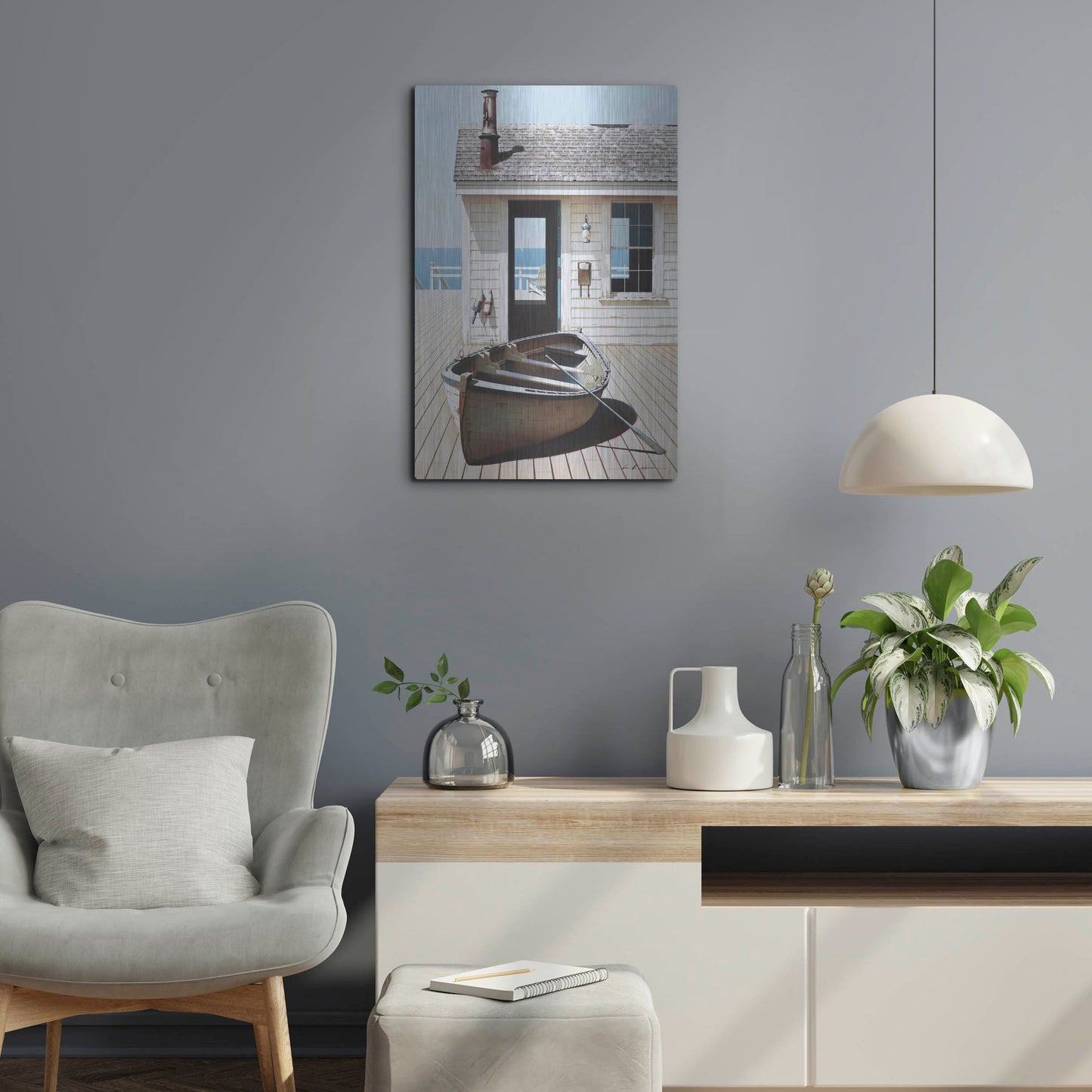 Luxe Metal Art 'Boat on the Dock' by Zhen-Huan Lu, Metal Wall Art,16x24