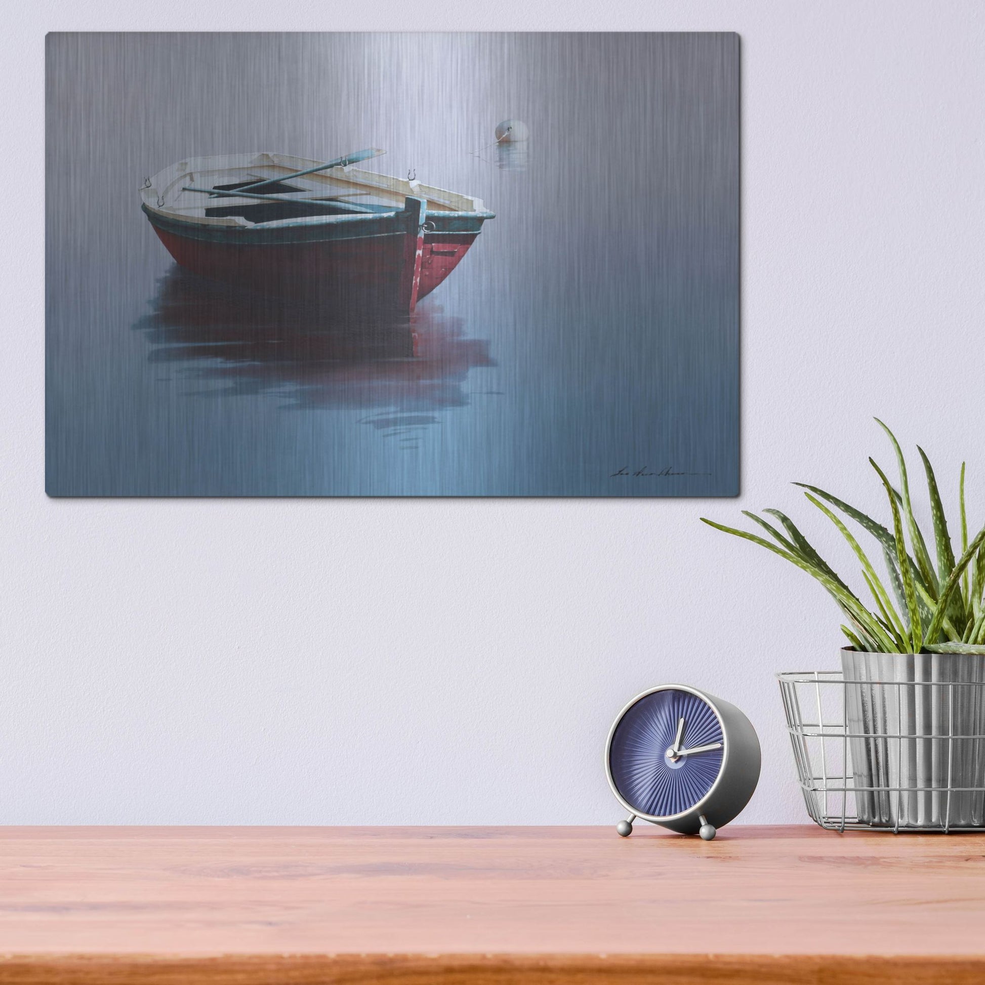 Luxe Metal Art 'Lonely Boat in Red' by Zhen-Huan Lu, Metal Wall Art,16x12