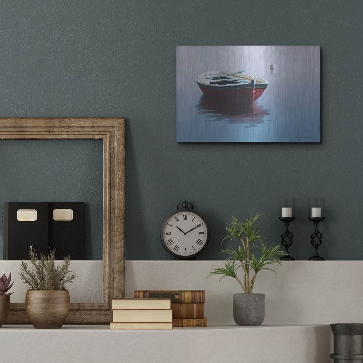 Luxe Metal Art 'Lonely Boat in Red' by Zhen-Huan Lu, Metal Wall Art,16x12