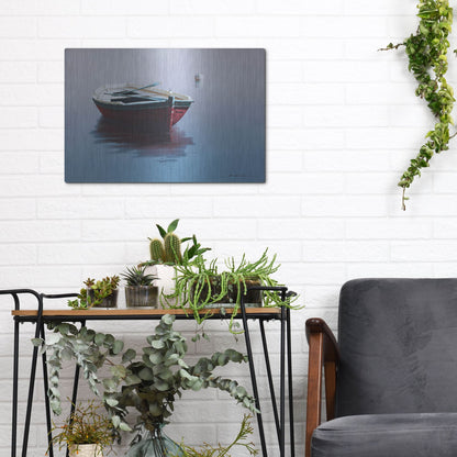 Luxe Metal Art 'Lonely Boat in Red' by Zhen-Huan Lu, Metal Wall Art,16x12