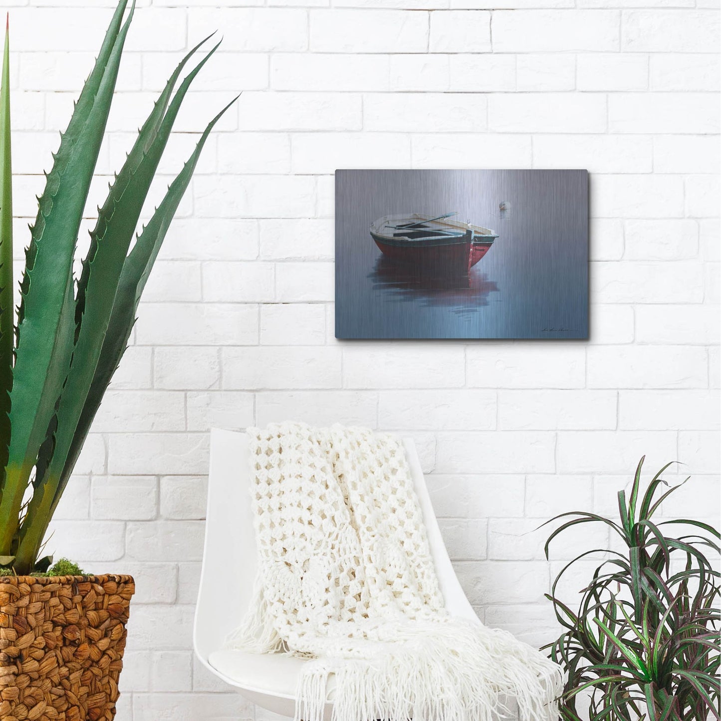 Luxe Metal Art 'Lonely Boat in Red' by Zhen-Huan Lu, Metal Wall Art,16x12