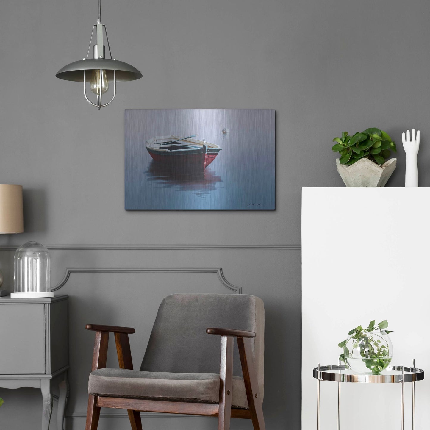 Luxe Metal Art 'Lonely Boat in Red' by Zhen-Huan Lu, Metal Wall Art,24x16