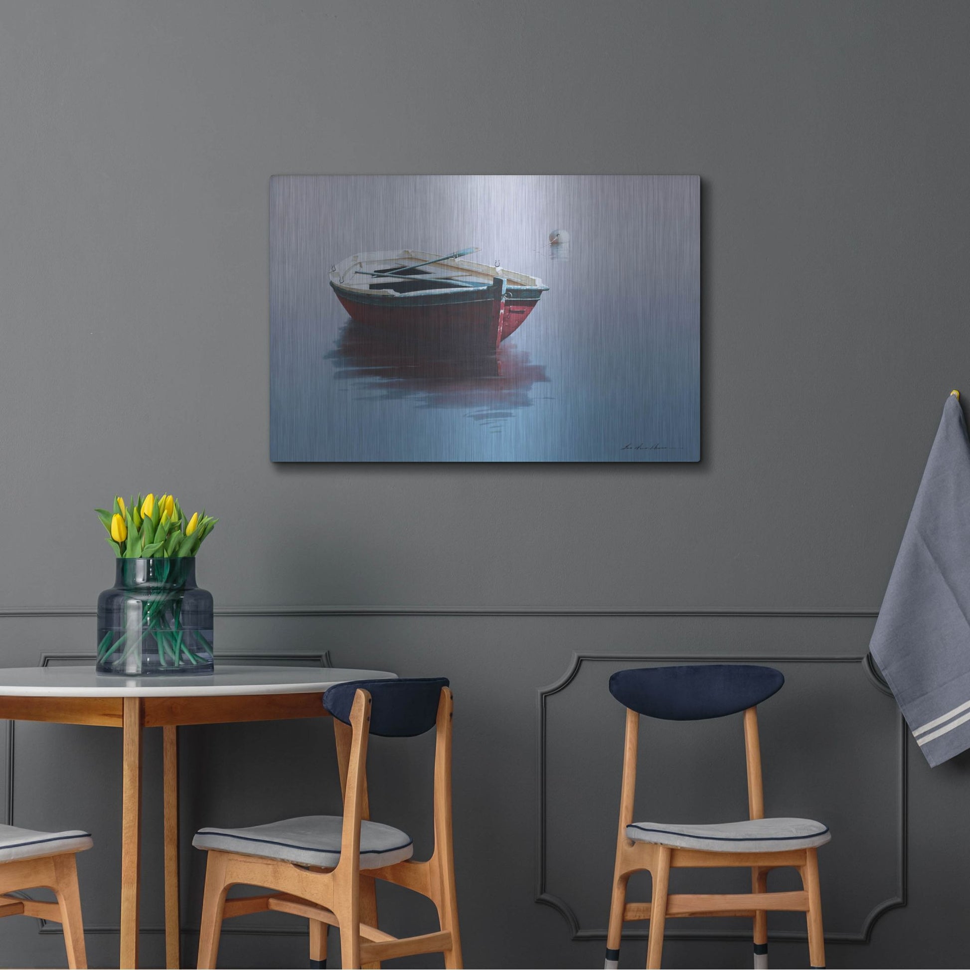 Luxe Metal Art 'Lonely Boat in Red' by Zhen-Huan Lu, Metal Wall Art,36x24