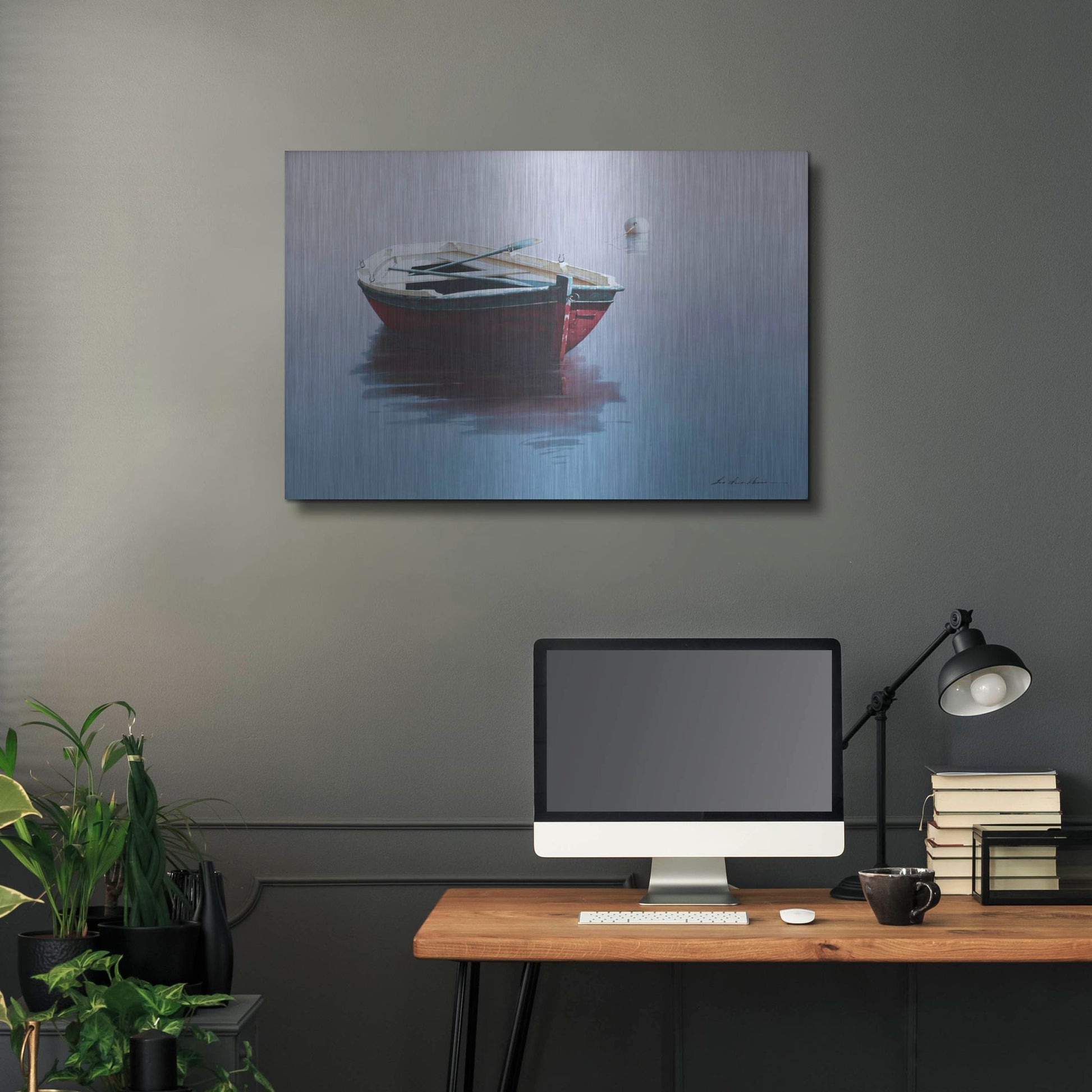 Luxe Metal Art 'Lonely Boat in Red' by Zhen-Huan Lu, Metal Wall Art,36x24