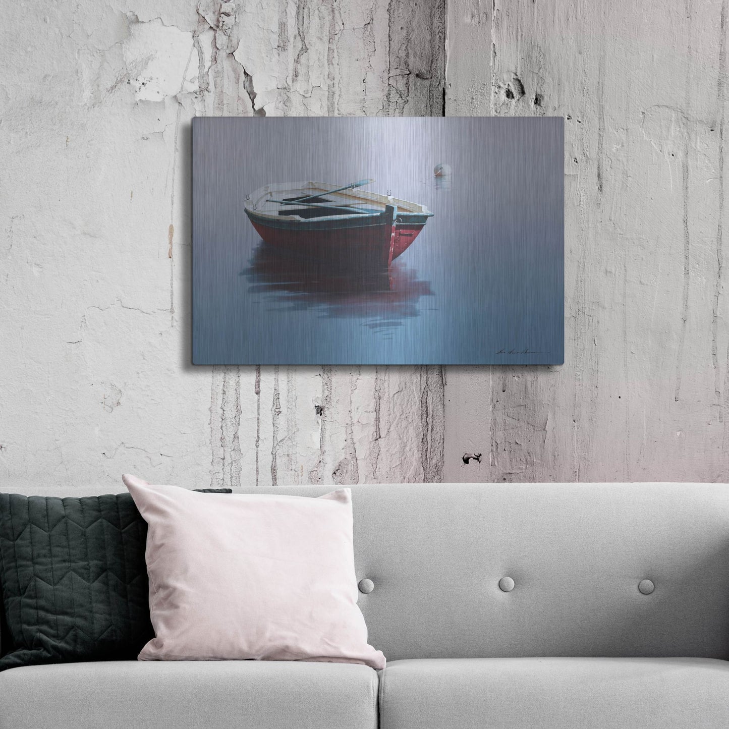 Luxe Metal Art 'Lonely Boat in Red' by Zhen-Huan Lu, Metal Wall Art,36x24