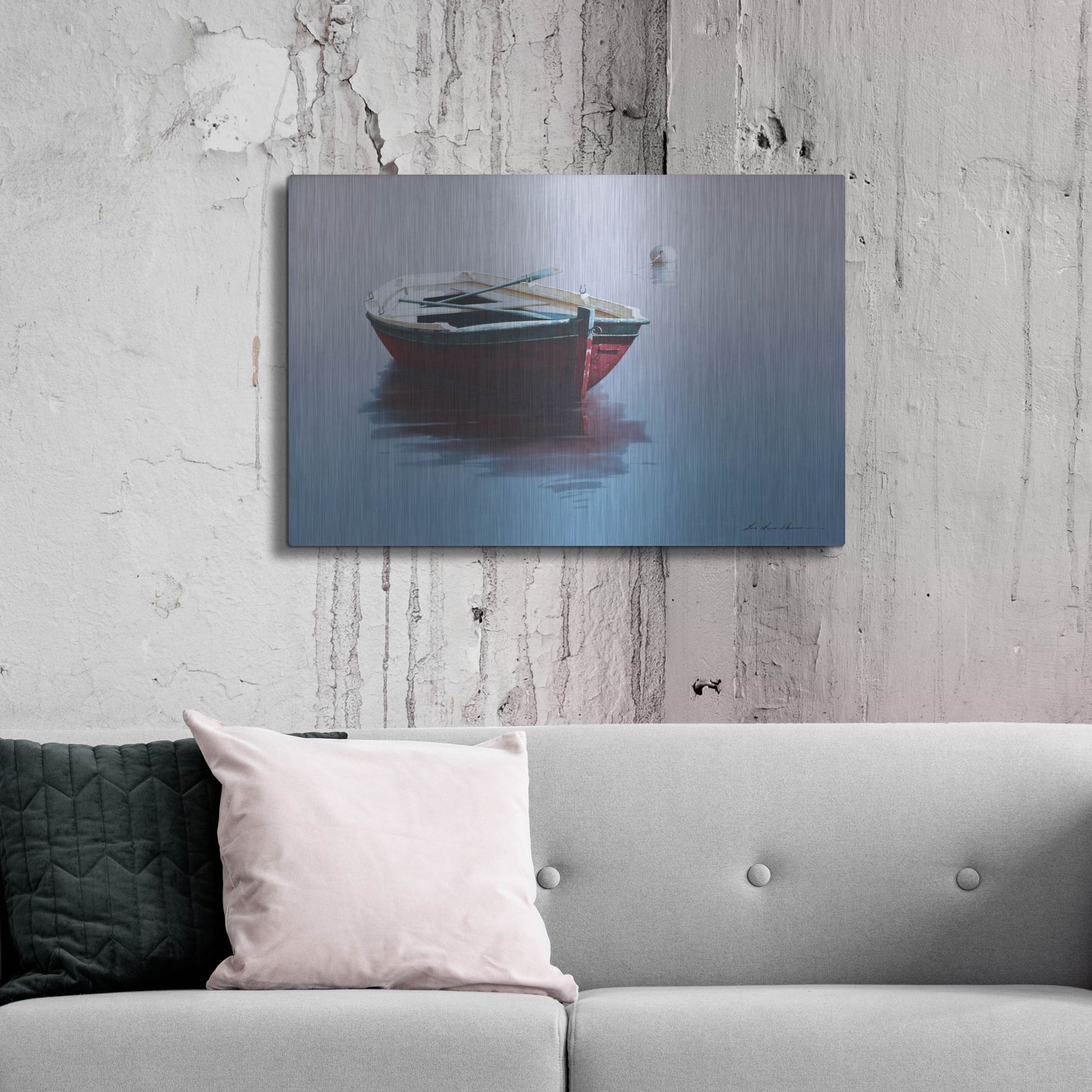 Luxe Metal Art 'Lonely Boat in Red' by Zhen-Huan Lu, Metal Wall Art,36x24
