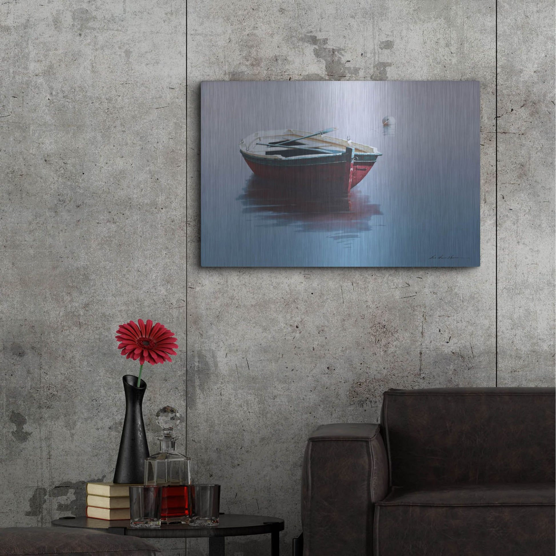 Luxe Metal Art 'Lonely Boat in Red' by Zhen-Huan Lu, Metal Wall Art,36x24