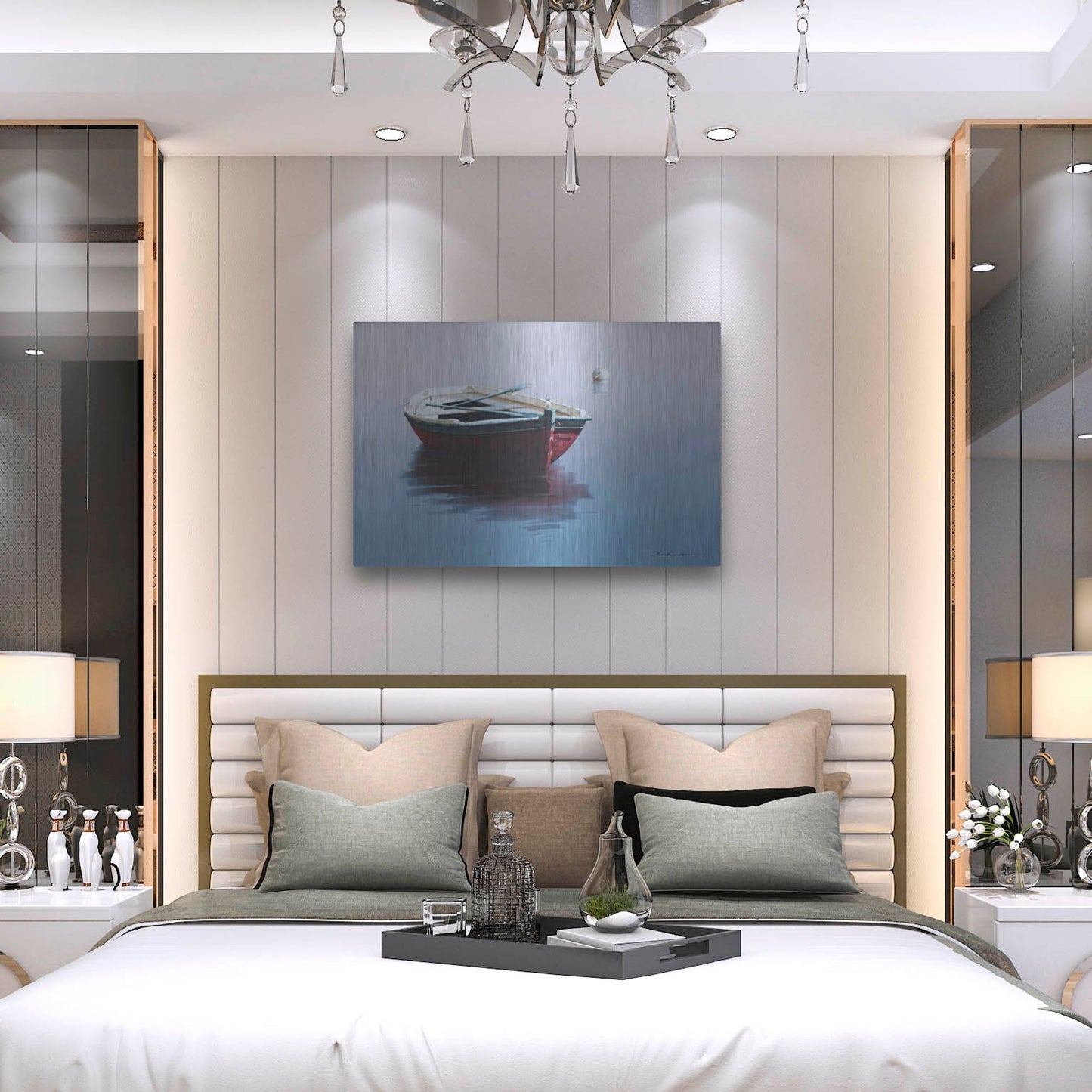 Luxe Metal Art 'Lonely Boat in Red' by Zhen-Huan Lu, Metal Wall Art,36x24