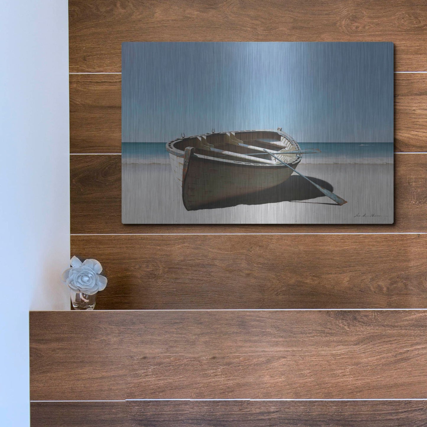 Luxe Metal Art 'Lonely Boat on Beach' by Zhen-Huan Lu, Metal Wall Art,16x12