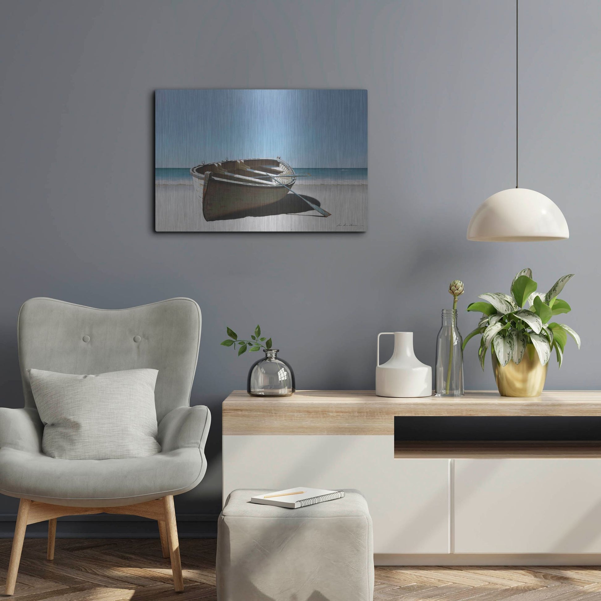 Luxe Metal Art 'Lonely Boat on Beach' by Zhen-Huan Lu, Metal Wall Art,24x16