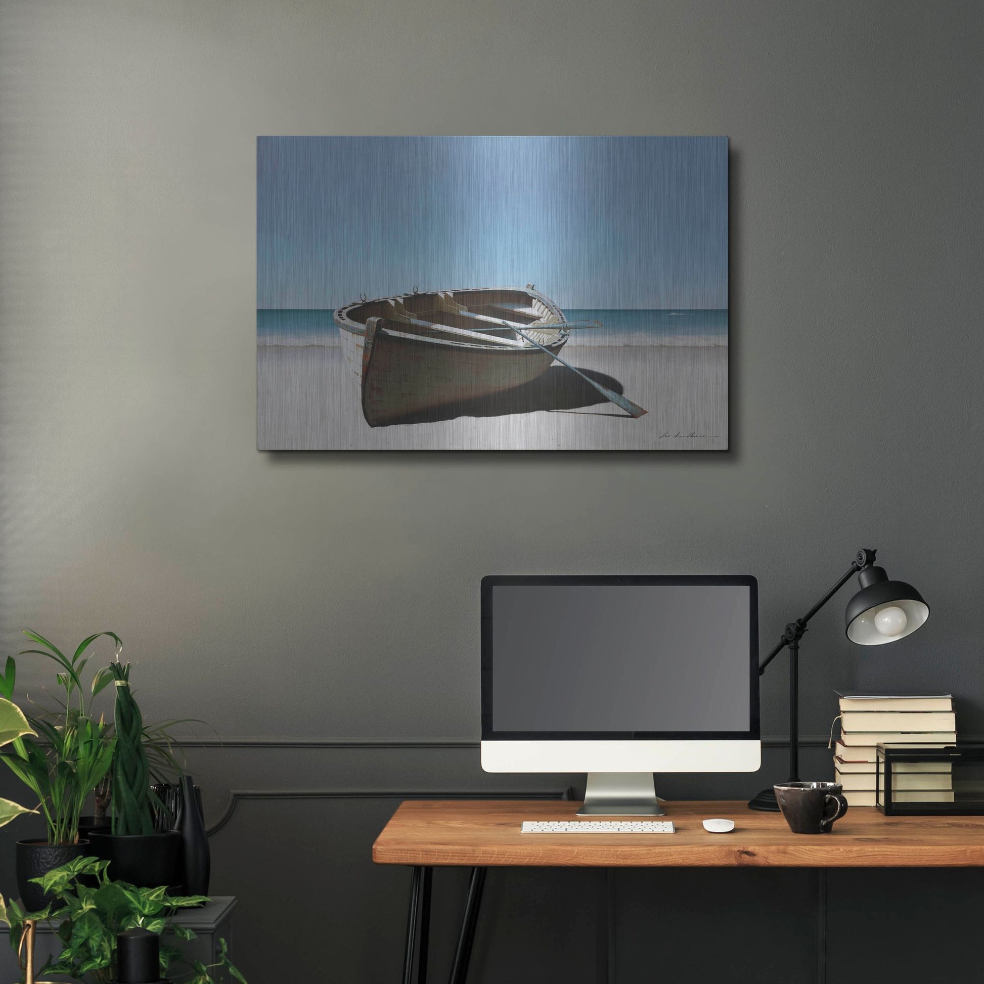 Luxe Metal Art 'Lonely Boat on Beach' by Zhen-Huan Lu, Metal Wall Art,36x24