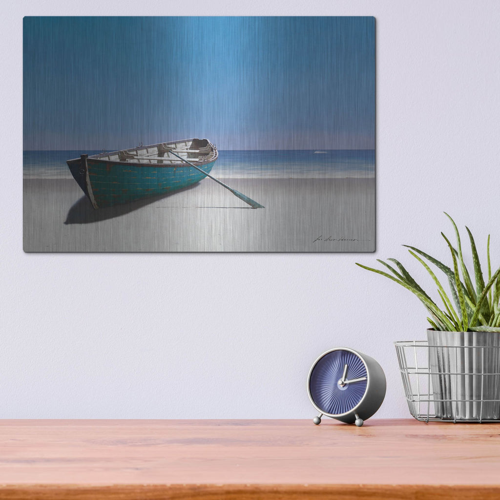Luxe Metal Art 'Blue Boat' by Zhen-Huan Lu, Metal Wall Art,16x12