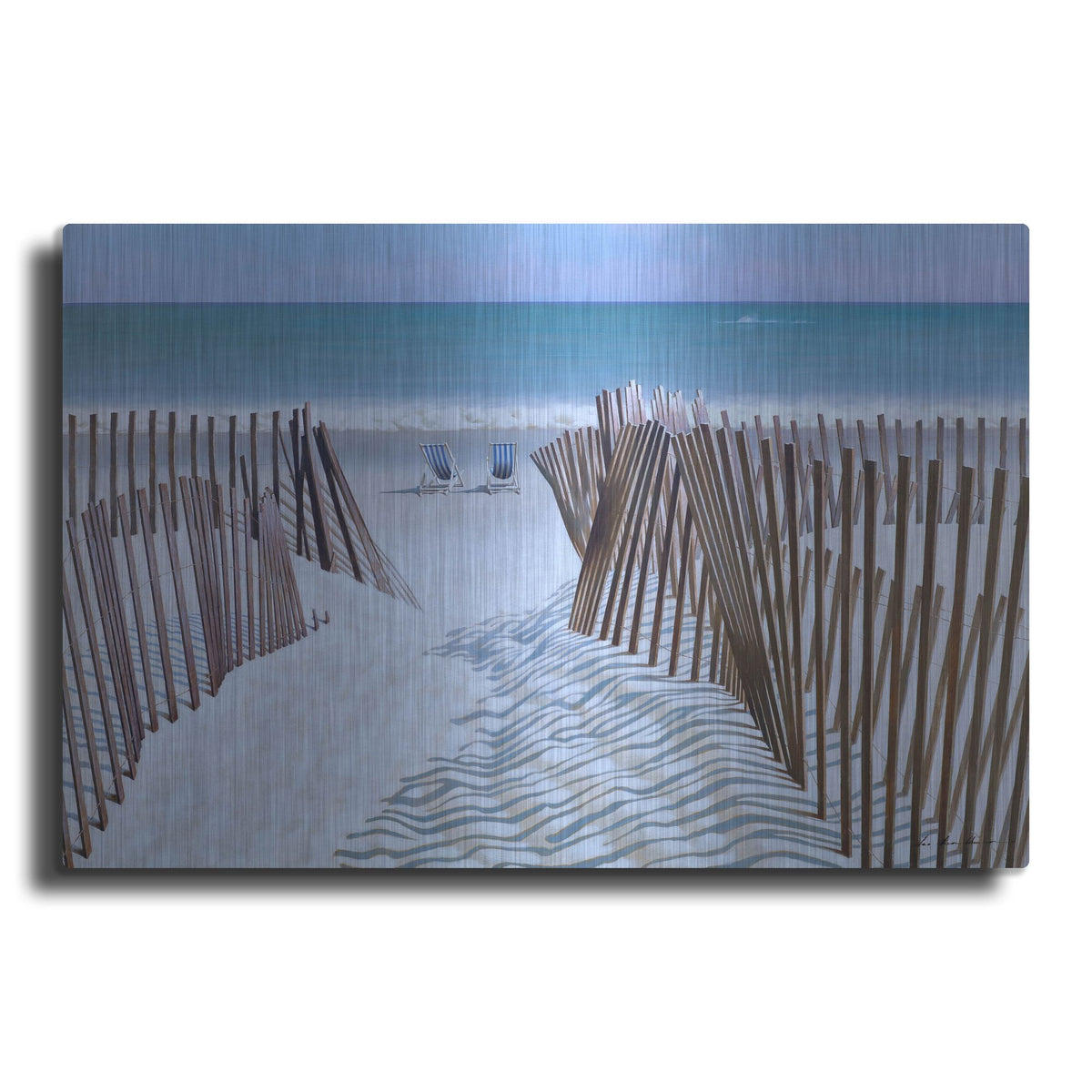 Luxe Metal Art '02 Snow Fence with Two Chairs' by Zhen-Huan Lu, Metal Wall Art