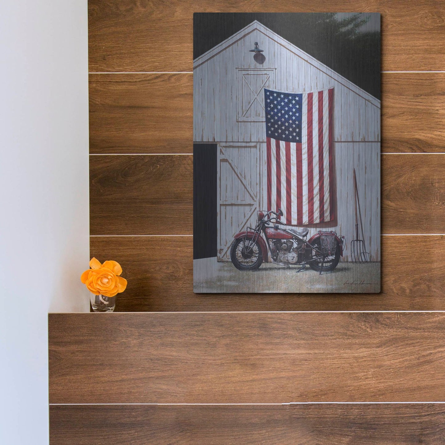 Luxe Metal Art 'Motorcycle Barn' by Zhen-Huan Lu, Metal Wall Art,12x16