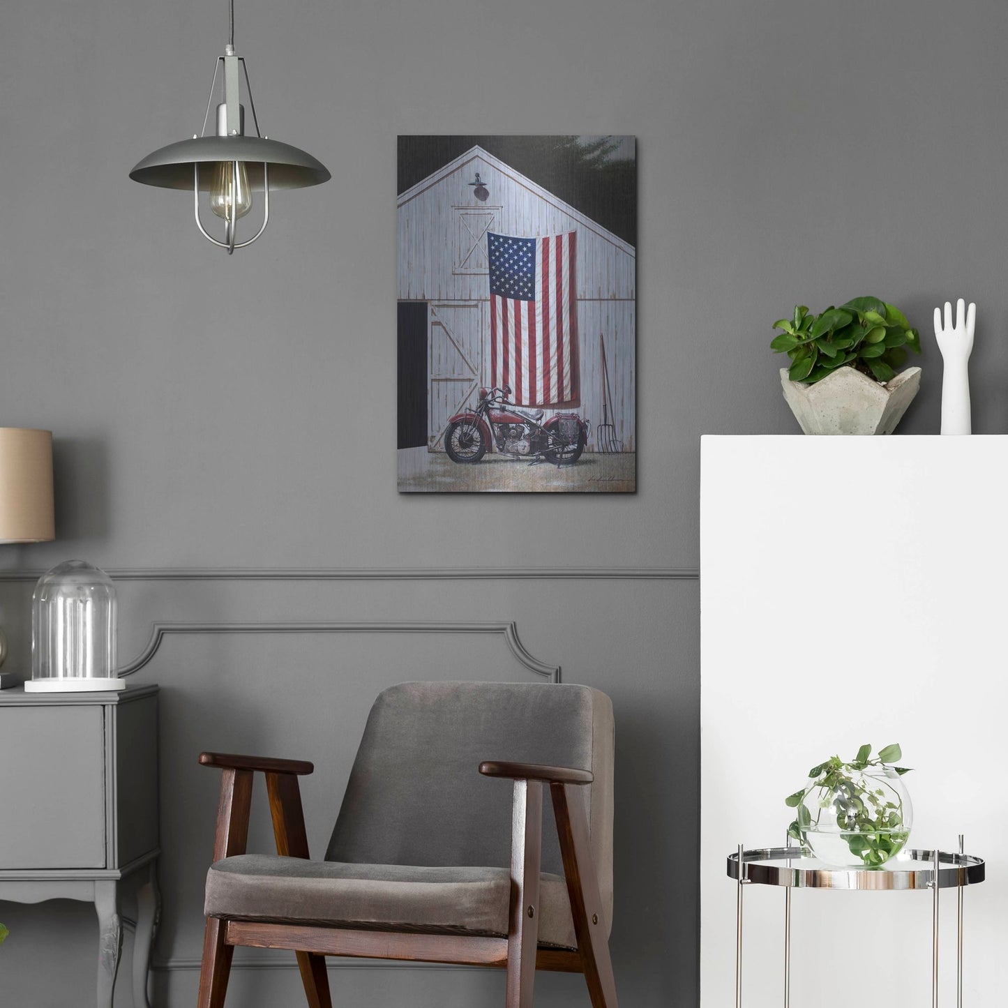 Luxe Metal Art 'Motorcycle Barn' by Zhen-Huan Lu, Metal Wall Art,16x24