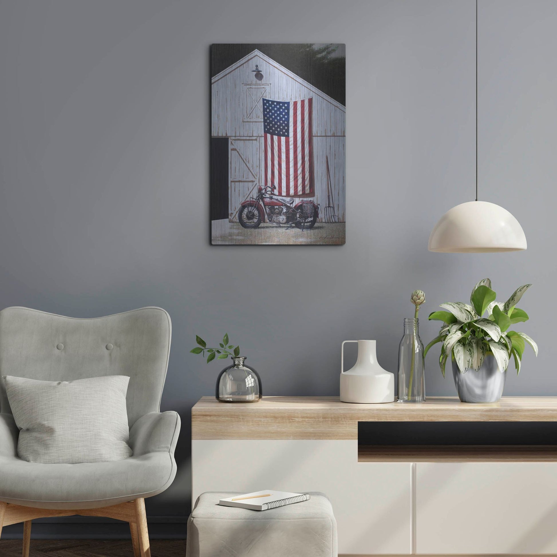 Luxe Metal Art 'Motorcycle Barn' by Zhen-Huan Lu, Metal Wall Art,16x24