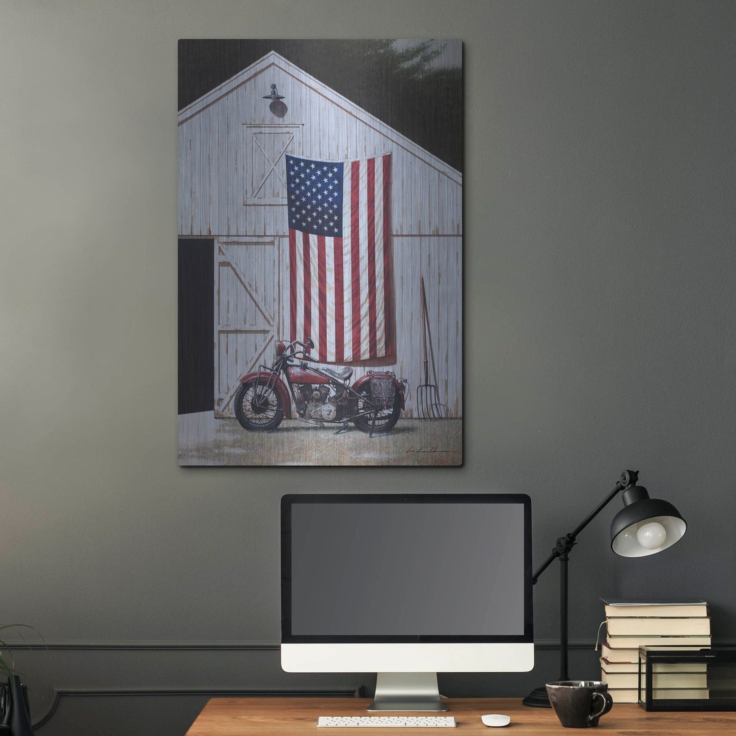 Luxe Metal Art 'Motorcycle Barn' by Zhen-Huan Lu, Metal Wall Art,24x36
