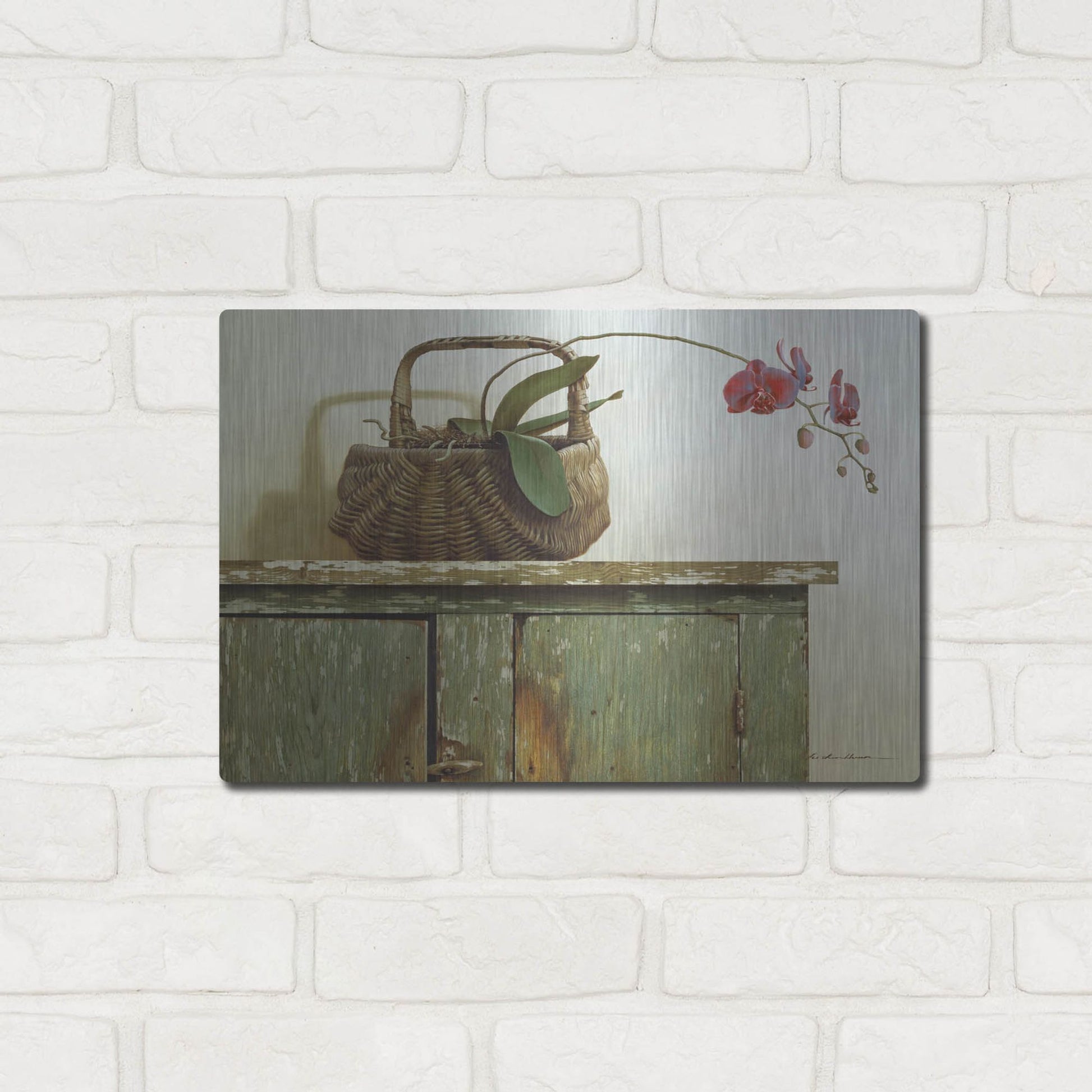 Luxe Metal Art 'Orchid Basket' by Zhen-Huan Lu, Metal Wall Art,16x12