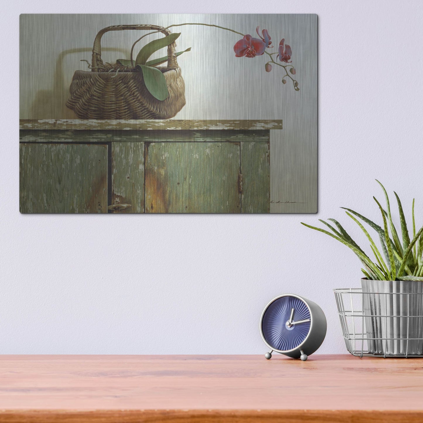 Luxe Metal Art 'Orchid Basket' by Zhen-Huan Lu, Metal Wall Art,16x12