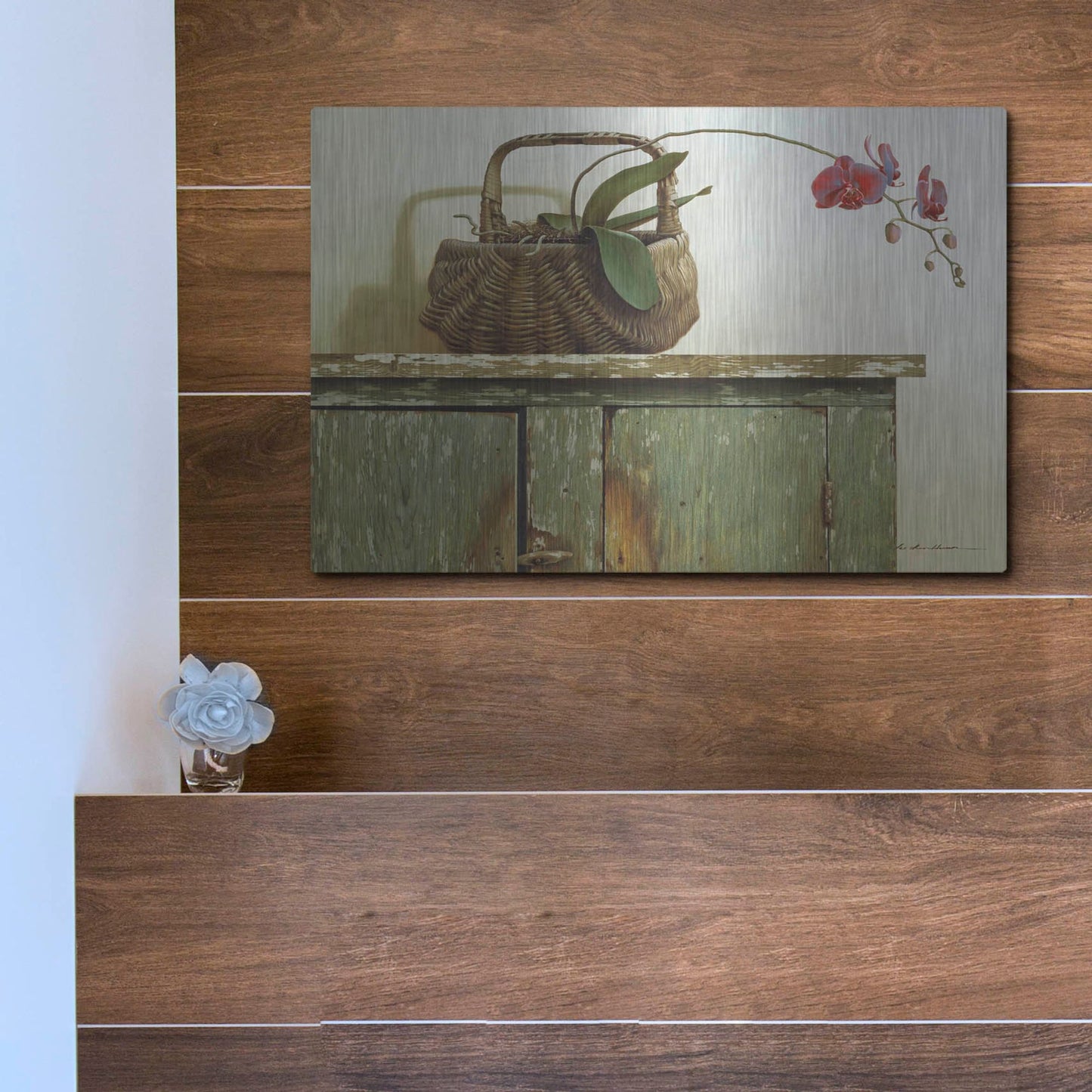 Luxe Metal Art 'Orchid Basket' by Zhen-Huan Lu, Metal Wall Art,16x12