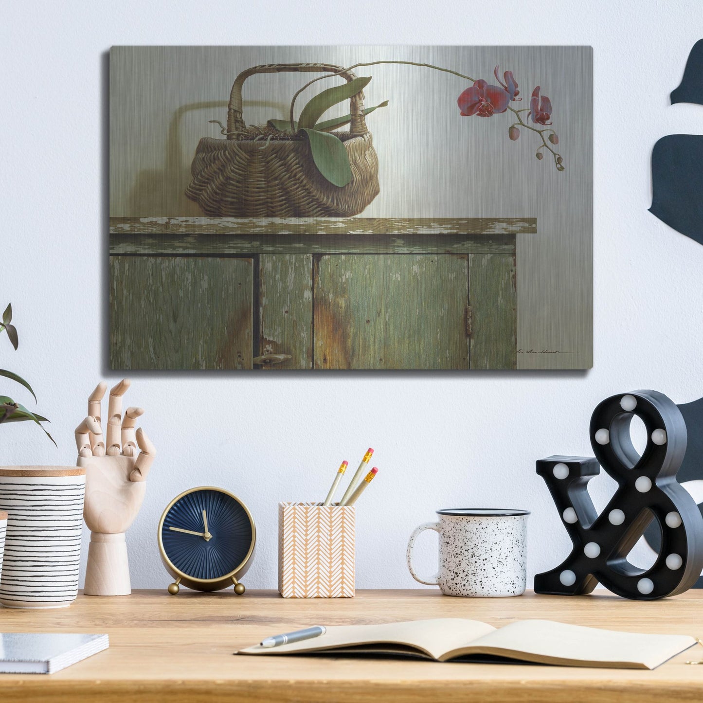 Luxe Metal Art 'Orchid Basket' by Zhen-Huan Lu, Metal Wall Art,16x12