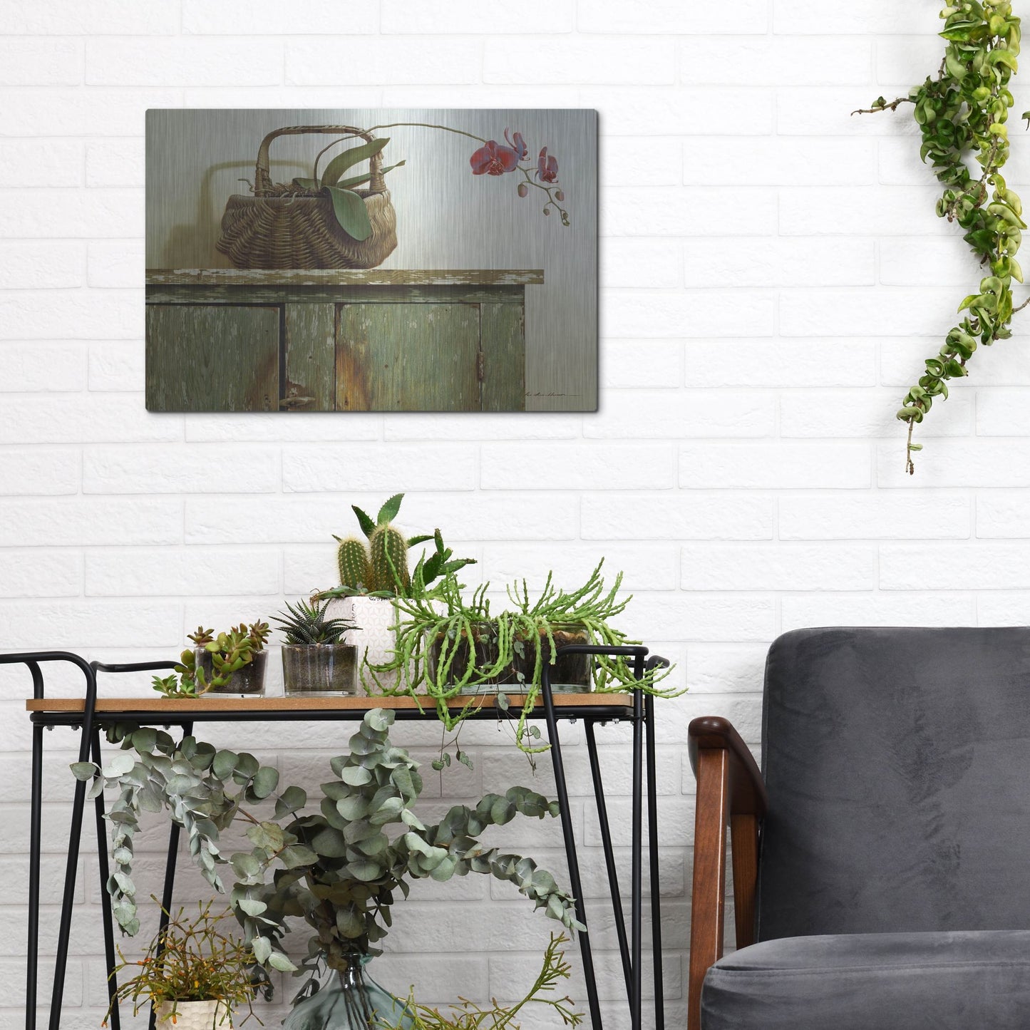 Luxe Metal Art 'Orchid Basket' by Zhen-Huan Lu, Metal Wall Art,16x12